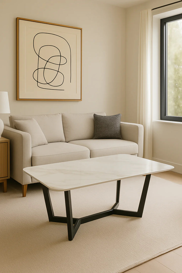 Lucien 120cm White/Grey Ceramic Coffee Table with Black Base