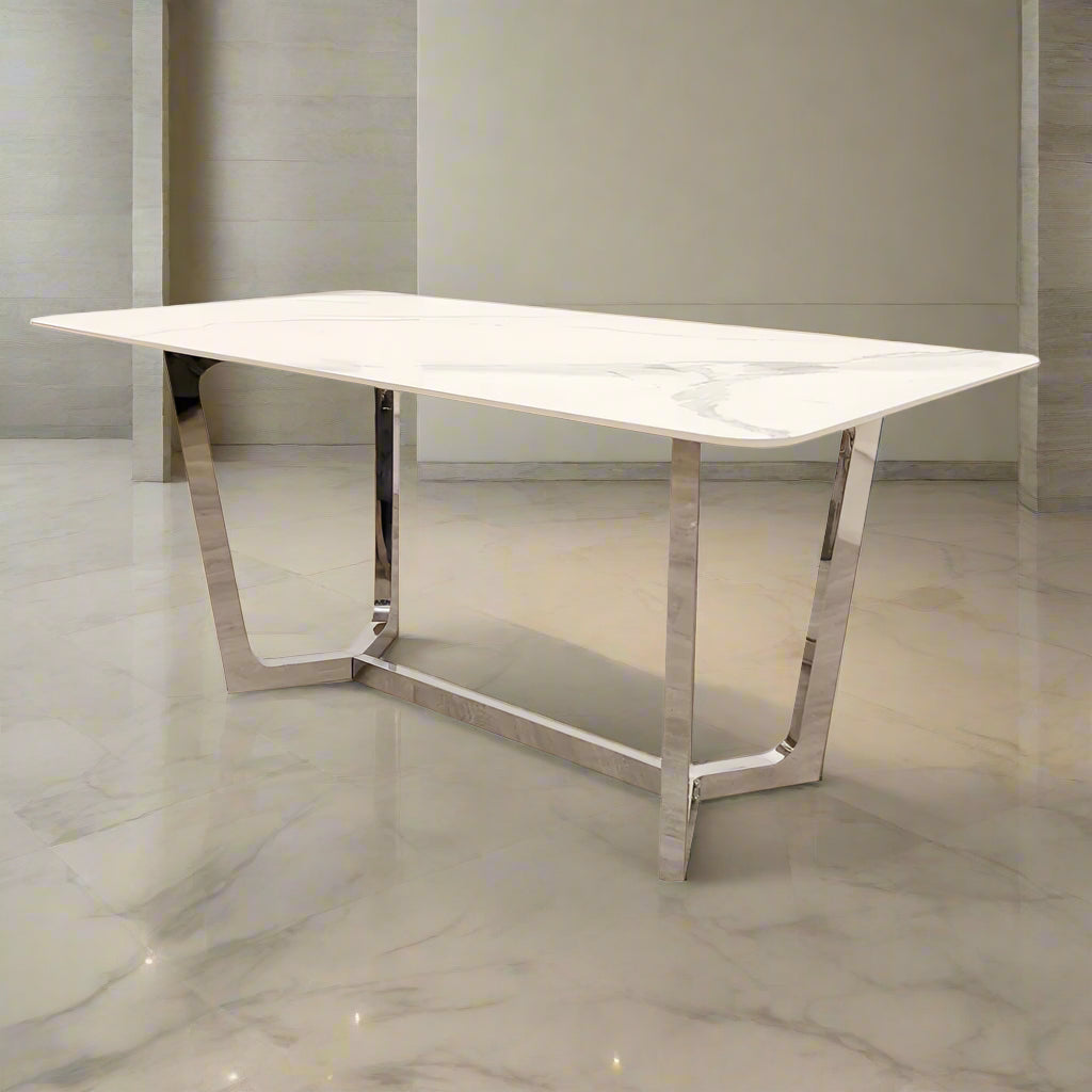 Lucien 160cm Chrome Dining Table with Polar White Sintered Stone Top
