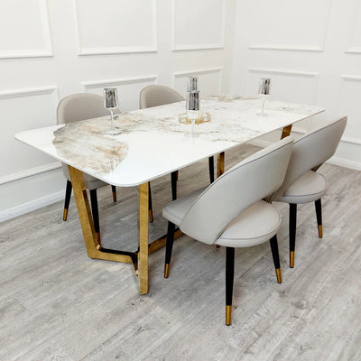 Lucien 180cm Gold Dining Table with Pandora Gold Sintered Stone Top + Astra Beige PU Leather Dining Chairs - Belmont Interiors.