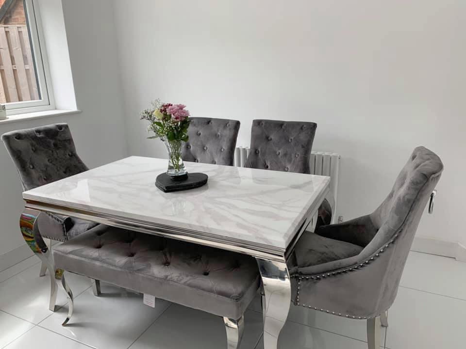 Louis 150cm White Marble Dining Table 4 Grey Ring Knocker Chairs 1 Belmont Interiors