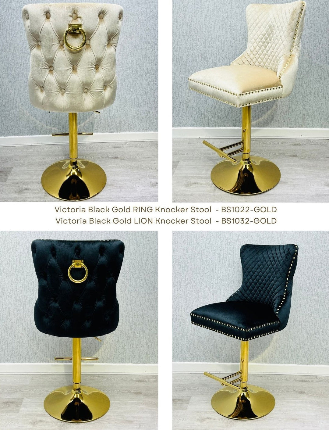Valentino Black Gold Ring Knocker Quilted Back Plush Velvet Gold Bar Stool - Belmont Interiors