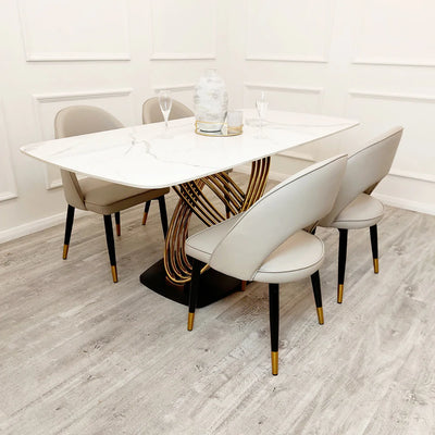 Orion Gold 180cm Dining Table with Polar White Sintered Stone Top + Astra Beige PU Leather Dining Chairs-Belmont Interiors