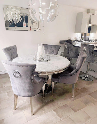 Chelsea 130cm White Marble Round Dining Table + Grey Ring Knocker Chairs-Belmont Interiors