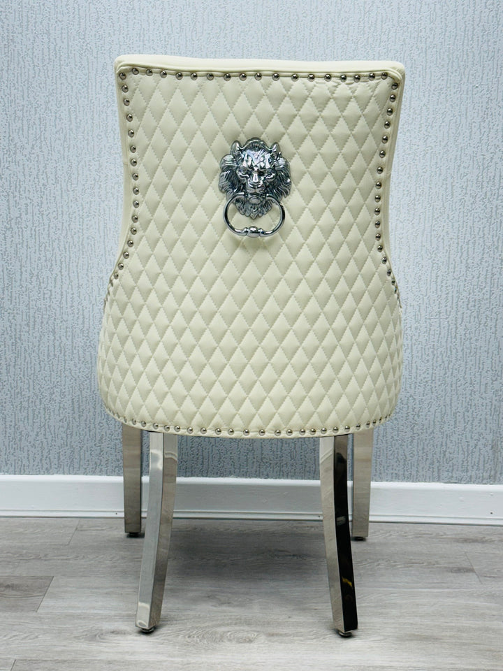 Majestic Lion Knocker Quilted PU Cream White Leather Dining Chair Chrome Legs