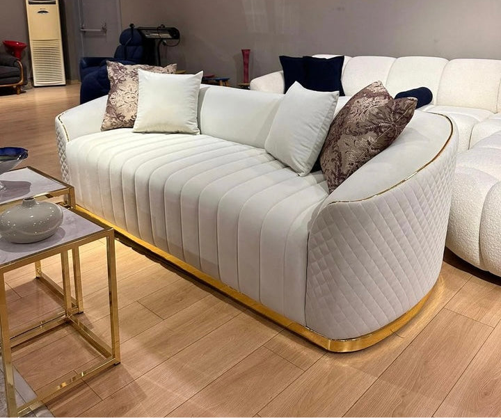 The Raffles Dubai Sofa in Cream/Black/Grey Velvet with Gold Trims - Belmont Interiors