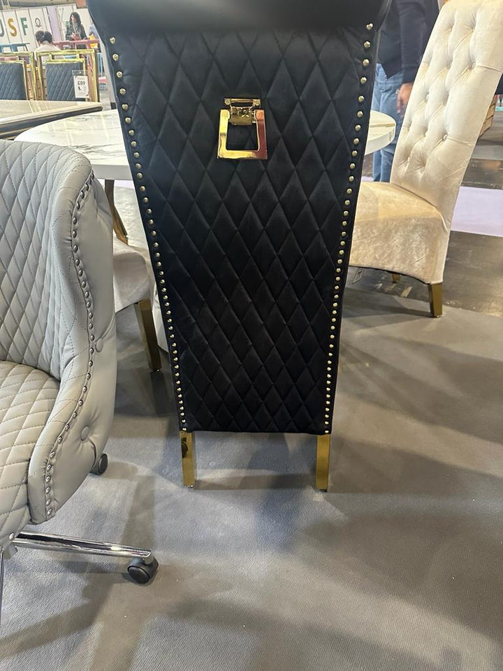 Lucy Gold Ring Knocker Quilted Emma Slim Black Gold Velvet Dining Chair Gold Legs - Belmont Interiors