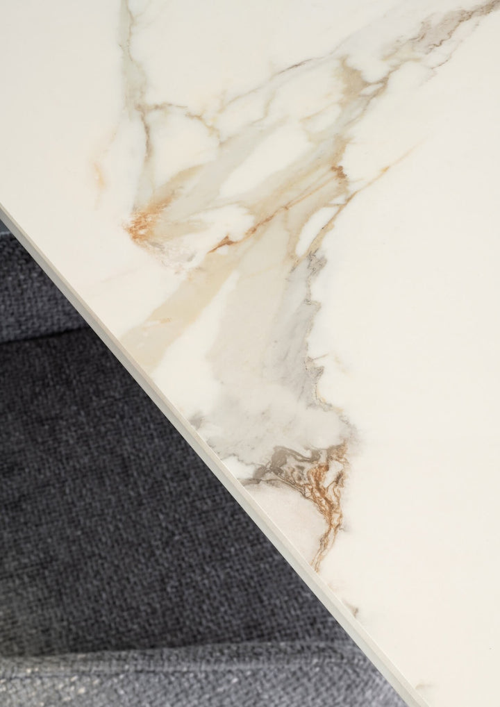 Caso 180-280cm White Kass Gold Ceramic Marble Side Extending Dining Table - Belmont Interiors