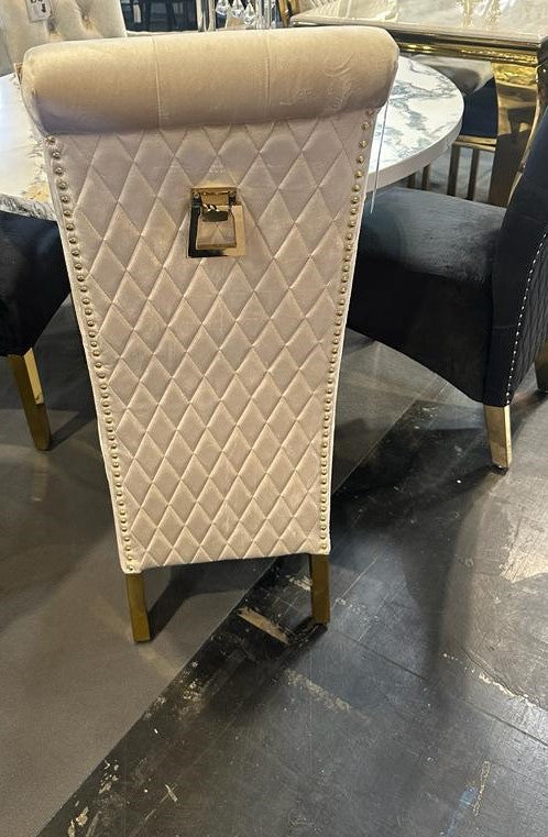 Lucy Gold Ring Knocker Quilted Emma Slim Cream Gold Velvet Dining Chair Gold Legs - Belmont Interiors