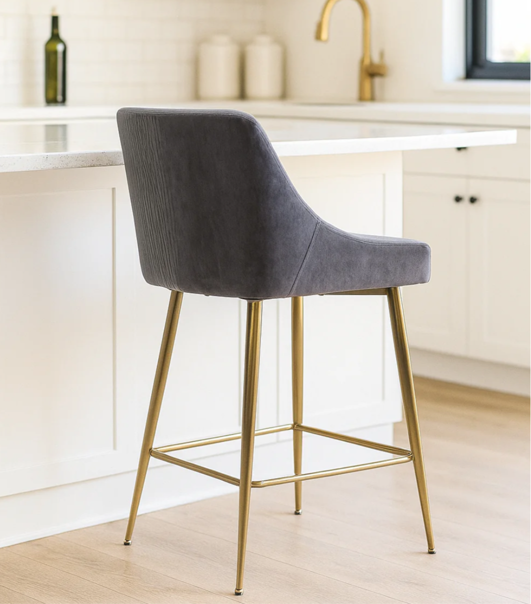Milan Ribbed Dark Grey Velvet Bar Stool – Gold Legs & Handle