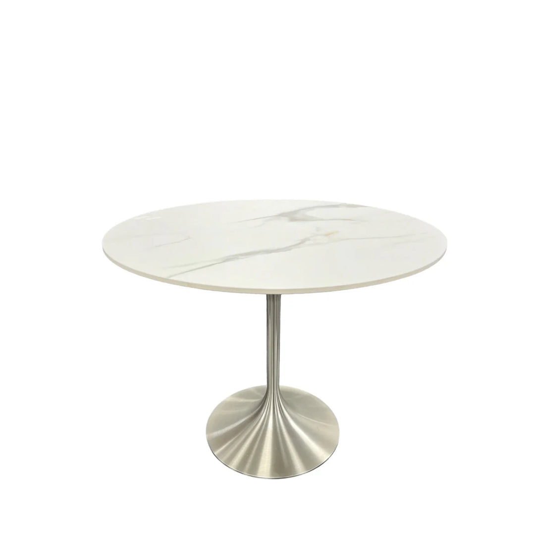 Bentley 90cm Gold/Grey Ceramic Marble Round Dining Table With Black Base + Roco 360º Grey Velvet Dining Chairs - Belmont Interiors