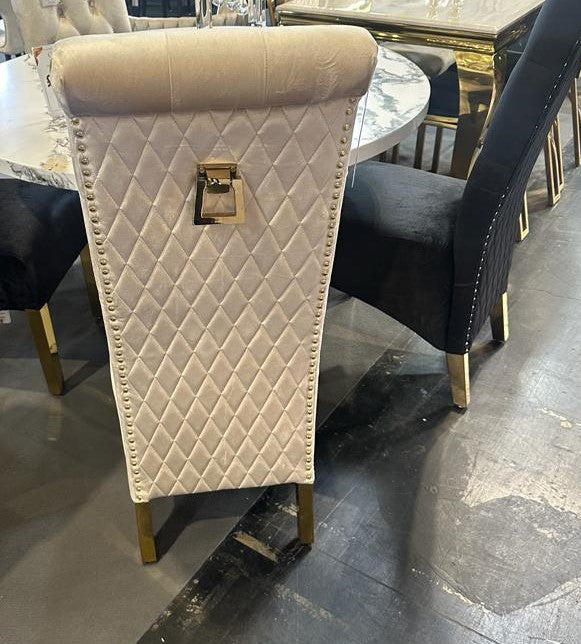 Lucy Gold Ring Knocker Quilted Emma Slim Cream Gold Velvet Dining Chair Gold Legs - Belmont Interiors