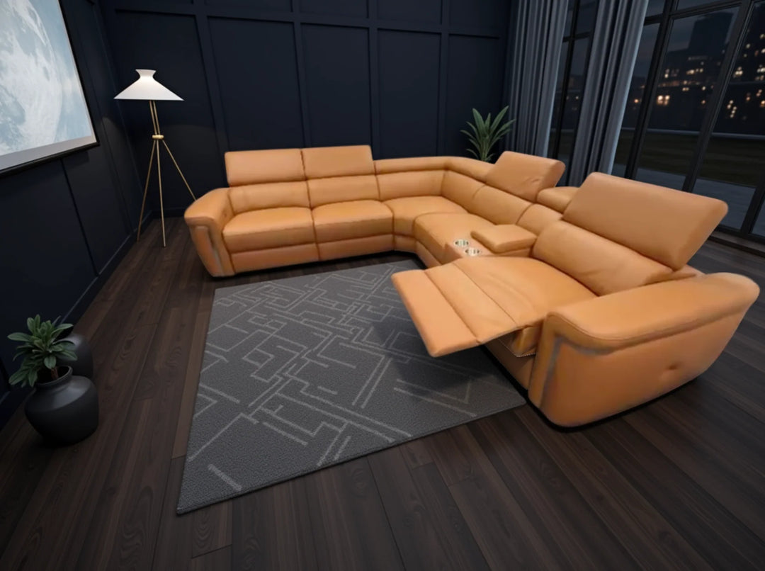 Somerville Electric Recliner Sofa Tan Leather Large Corner - Belmont Interiors