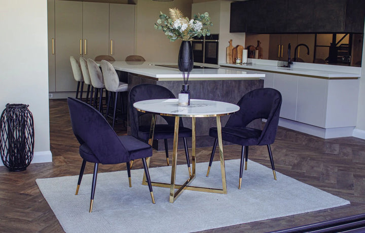 Juno 90cm Round Gold Dining Table with Polar White Sintered Stone Top + Astra Velvet Dining Chairs