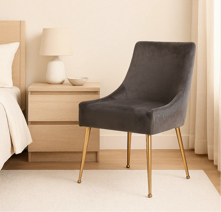 Milan Ribbed Dark Grey Velvet Dining Chair – Gold Legs & Handle