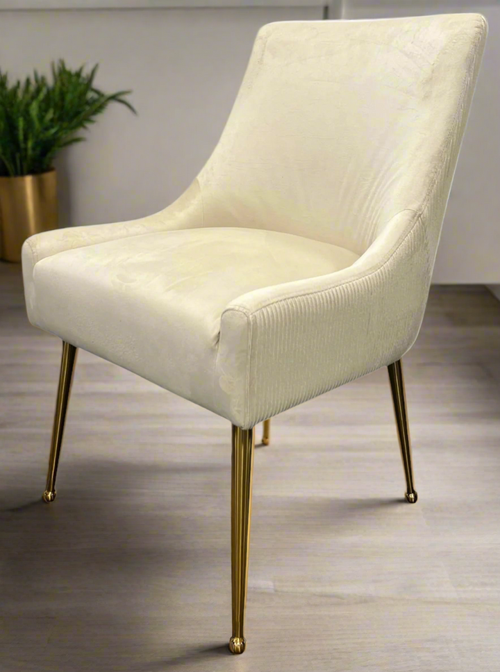 Milan Ribbed Ivory Velvet Dining Chair – Gold Legs & Handle