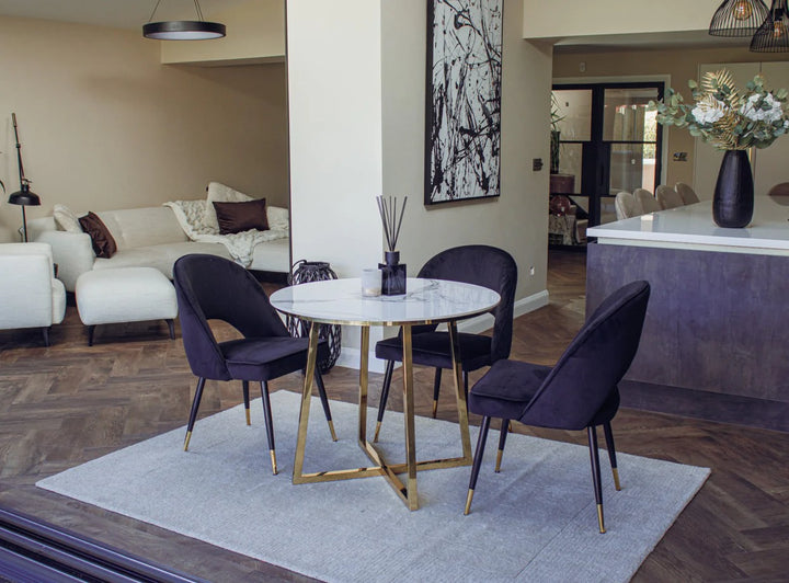 Juno 90cm Round Gold Dining Table with Polar White Sintered Stone Top + Astra Velvet Dining Chairs