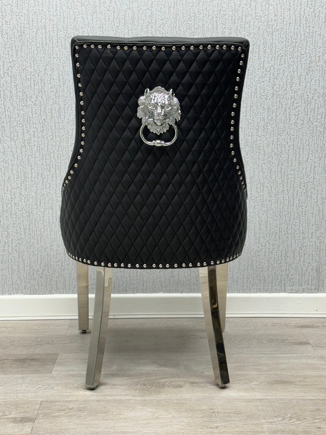 Majestic Lion Knocker Quilted PU Midnight Black Leather Dining Chair Chrome Legs - Belmont Interiors