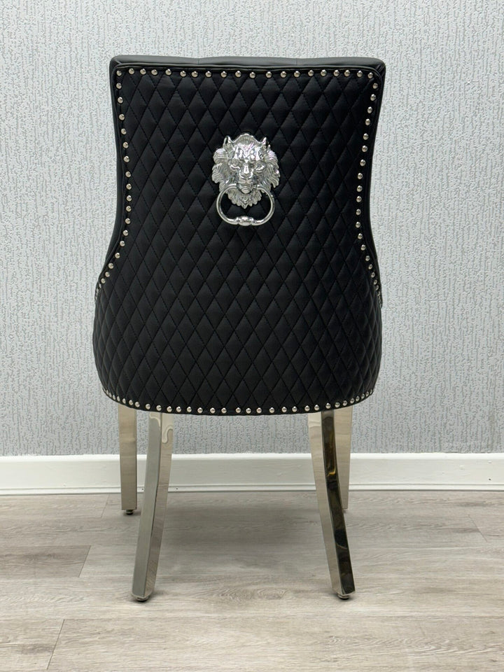 Majestic Lion Knocker Quilted PU Midnight Black Leather Dining Chair Chrome Legs - Belmont Interiors