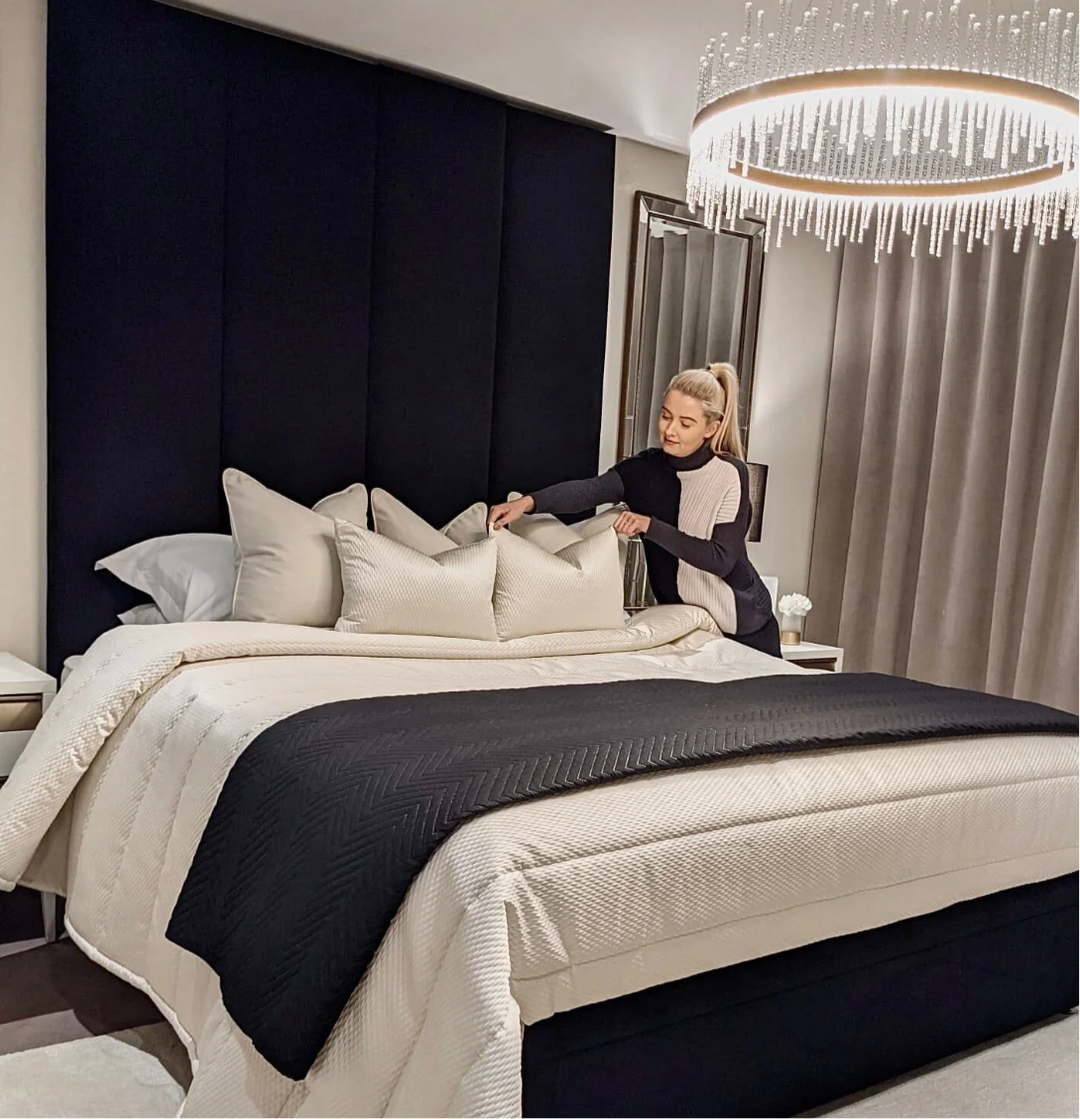 Midnight Black Velvet Luxury High Headboard Panelled Bed - Belmont Interiors