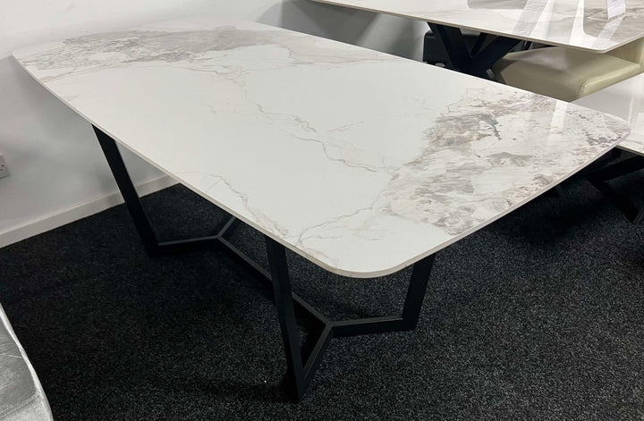 Lucien Dining Table with White/Grey Ceramic Top and Black Legs