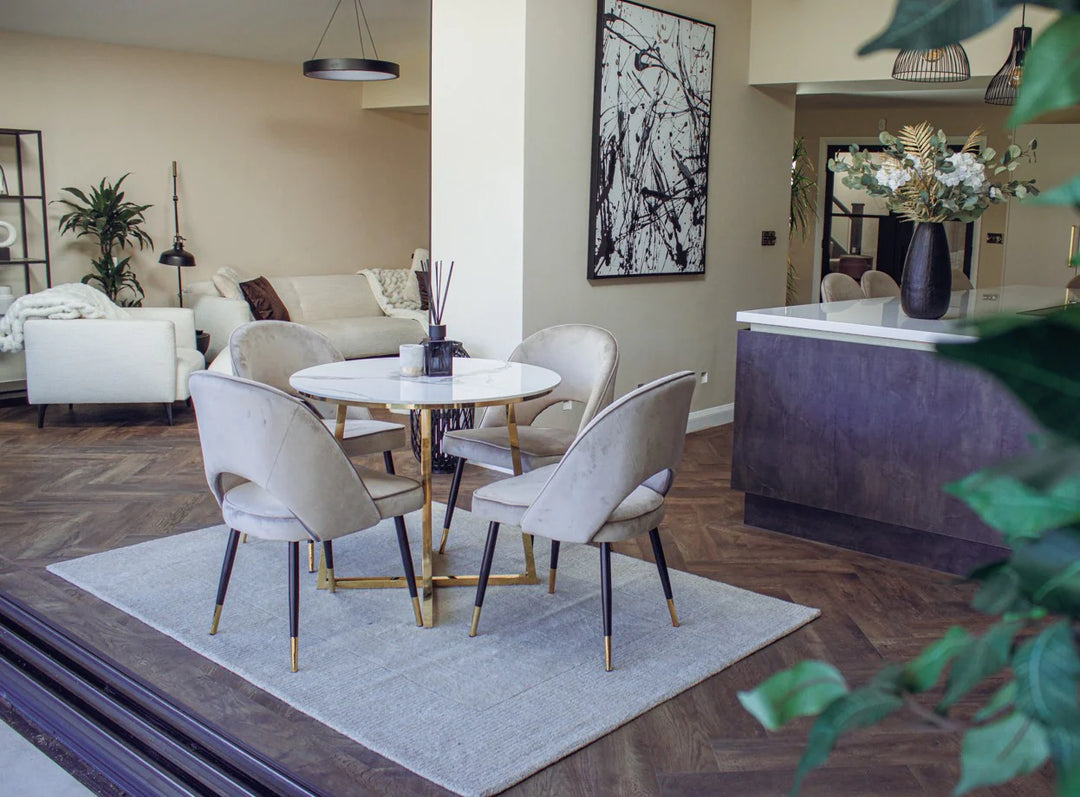 Juno 90cm Round Gold Dining Table with Polar White Sintered Stone Top + Astra Velvet Dining Chairs