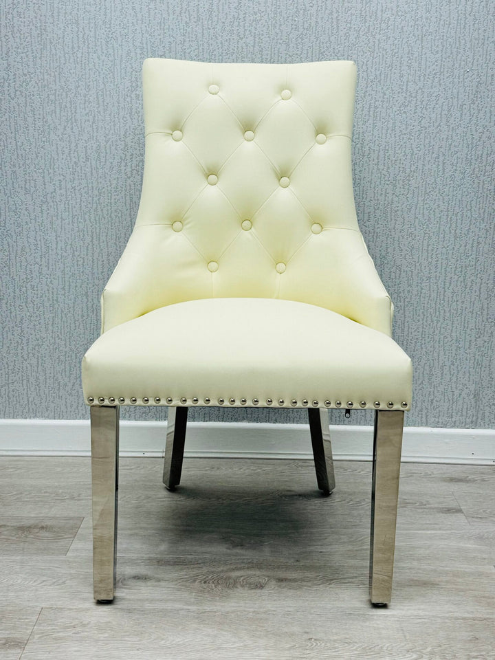 Majestic Lion Knocker Quilted PU Cream White Leather Dining Chair Chrome Legs