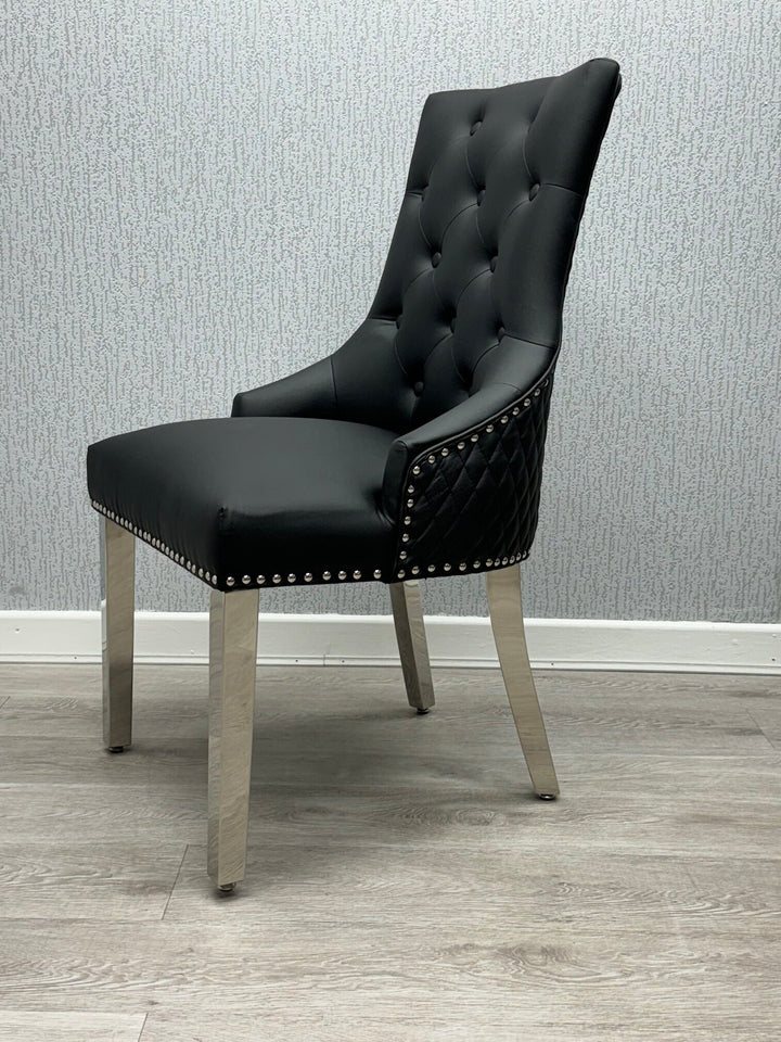 Majestic Lion Knocker Quilted PU Midnight Black Leather Dining Chair Chrome Legs - Belmont Interiors