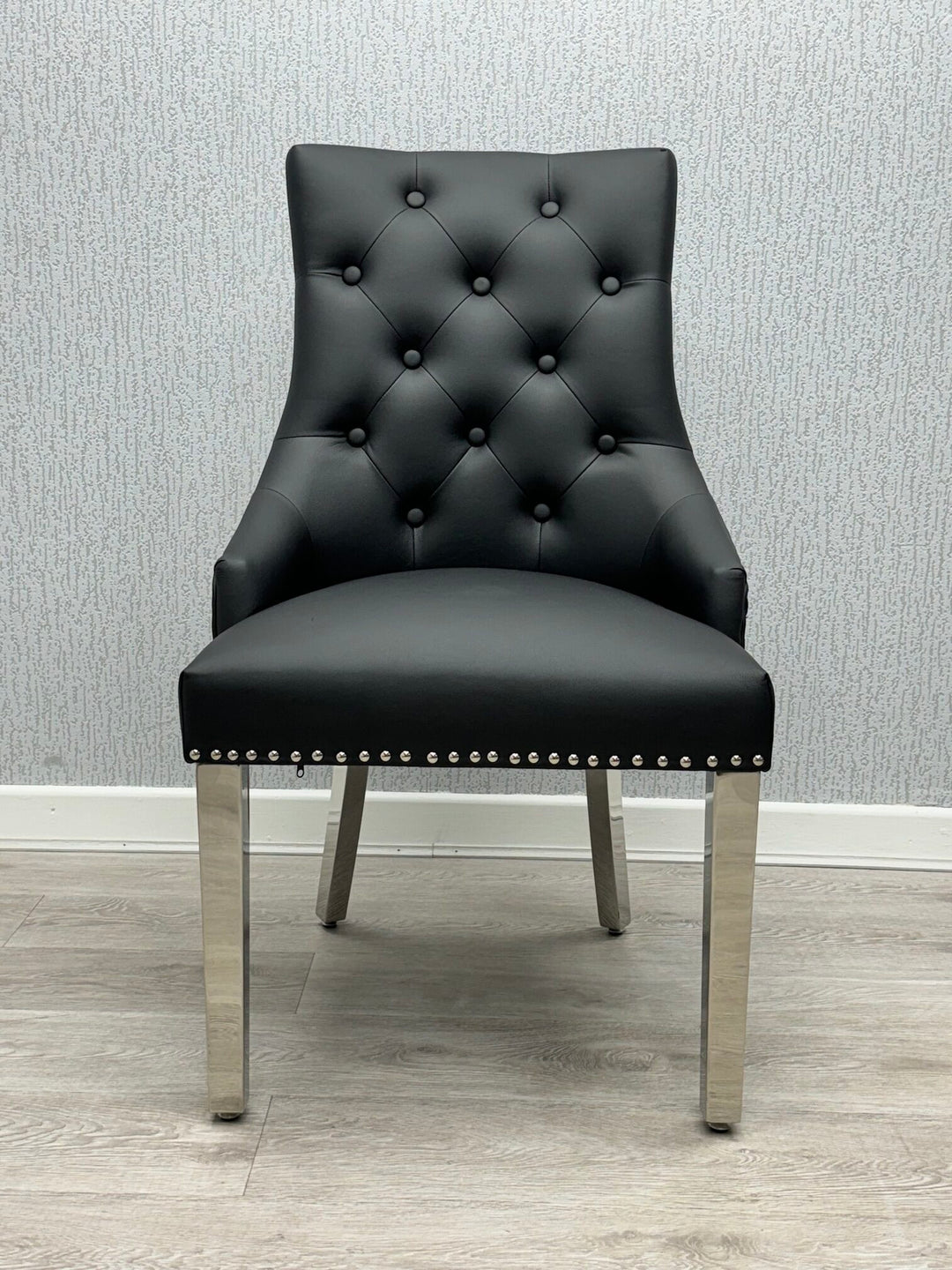 Majestic Lion Knocker Quilted PU Midnight Black Leather Dining Chair Chrome Legs - Belmont Interiors