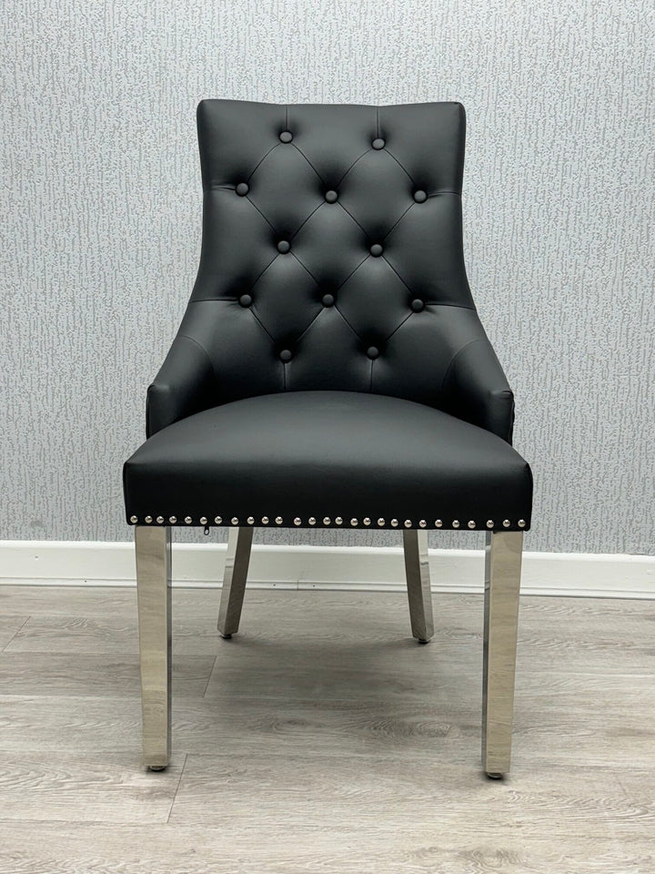Majestic Lion Knocker Quilted PU Midnight Black Leather Dining Chair Chrome Legs - Belmont Interiors