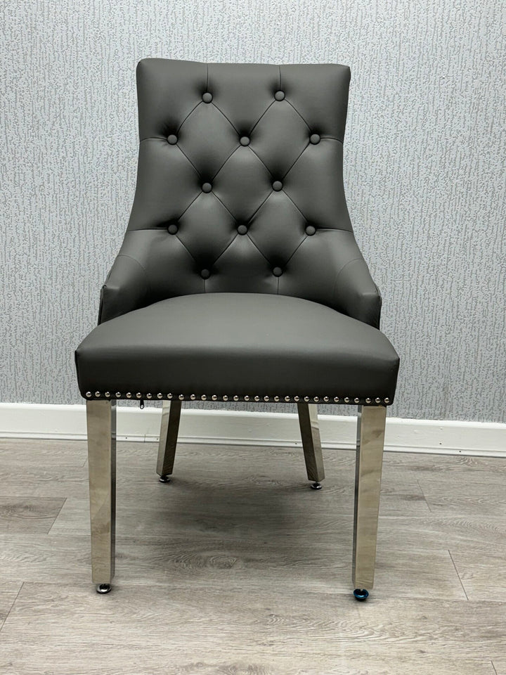 Majestic Lion Knocker Quilted PU Grey Leather Dining Chair Chrome Legs - Belmont Interiors