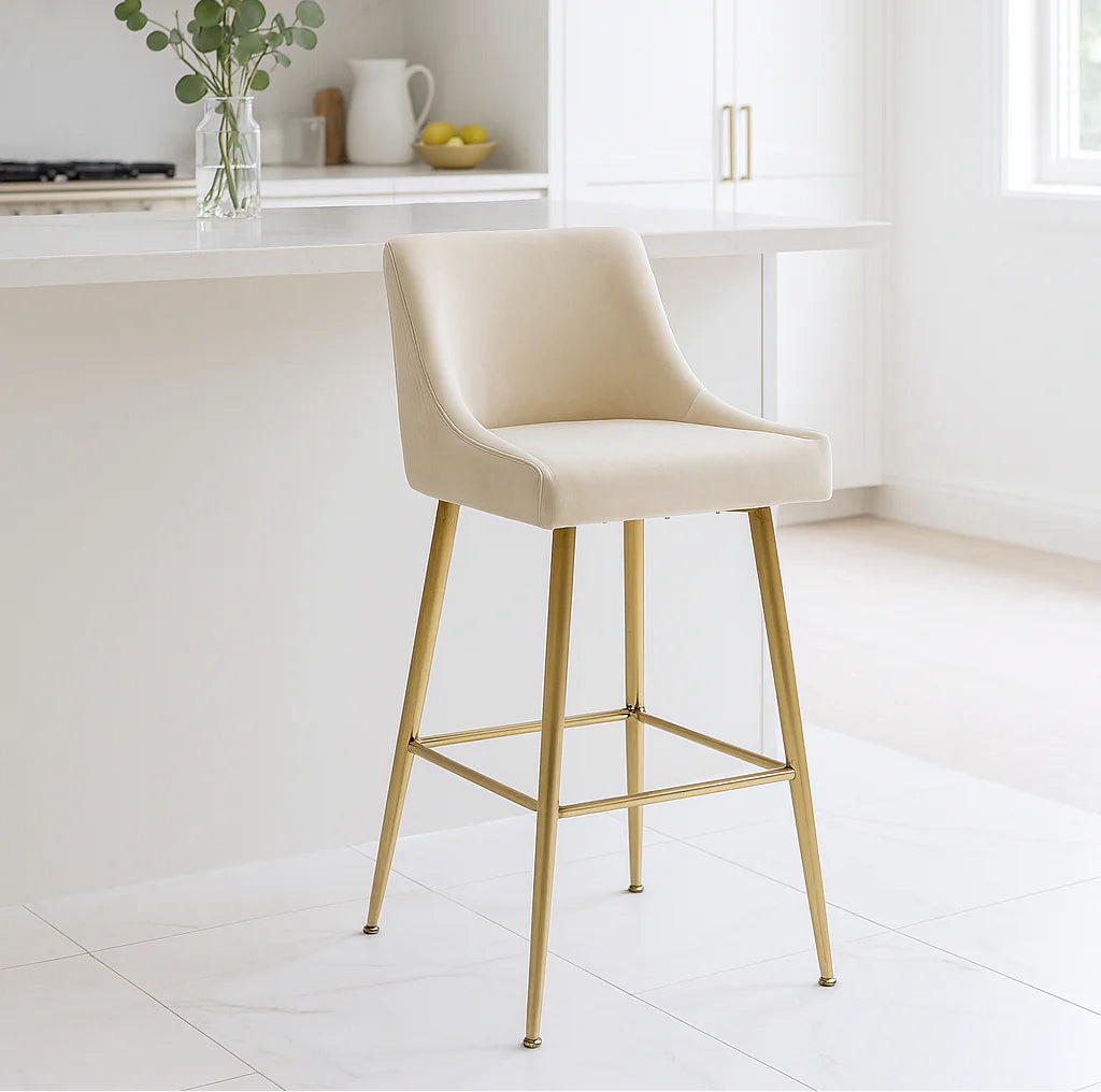 Milan Ribbed Ivory Velvet Bar Stool – Gold Legs & Handle