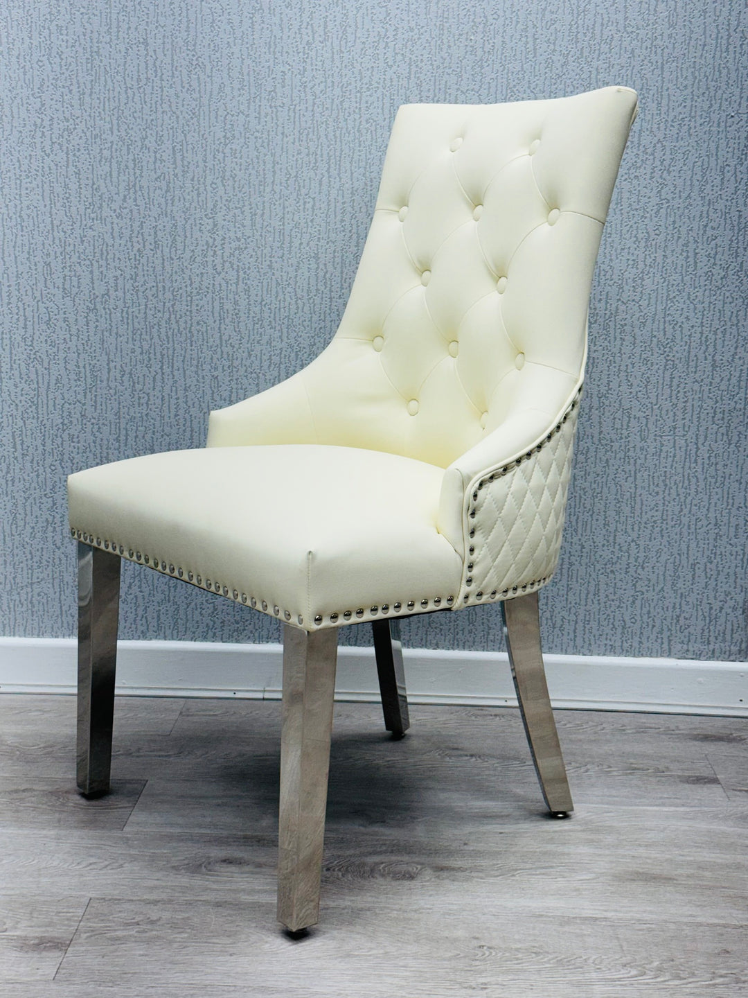 Majestic Lion Knocker Quilted PU Cream White Leather Dining Chair Chrome Legs