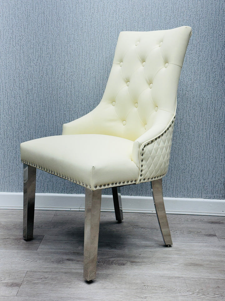 Majestic Lion Knocker Quilted PU Cream White Leather Dining Chair Chrome Legs