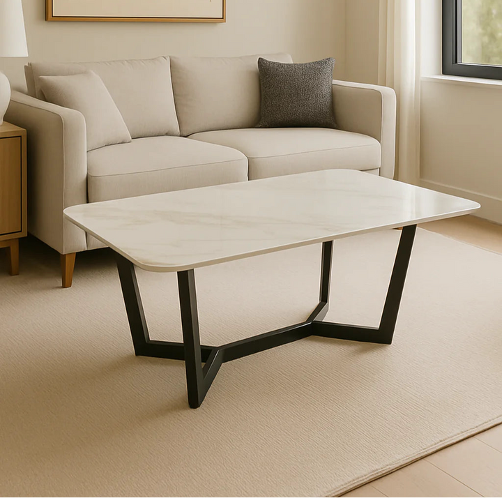 Lucien 120cm White/Grey Ceramic Coffee Table with Black Base