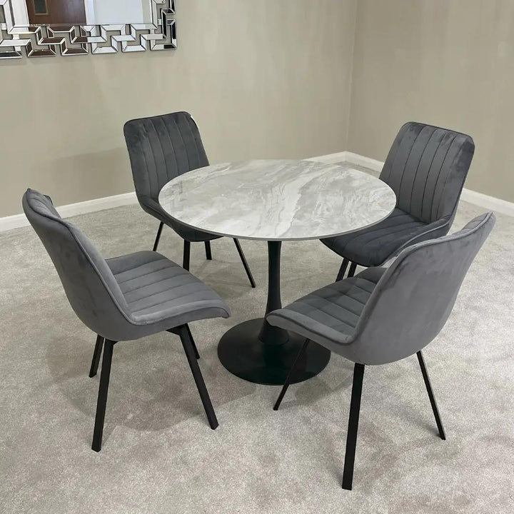 Bentley 90cm Gold/Grey Ceramic Marble Round Dining Table With Black Base + Roco 360º Grey Velvet Dining Chairs - Belmont Interiors
