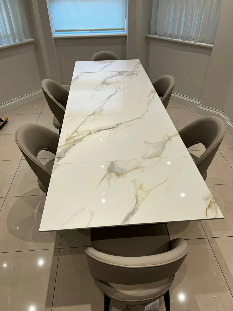 Caso 180-280cm White Kass Gold Ceramic Marble Side Extending Dining Table - Belmont Interiors