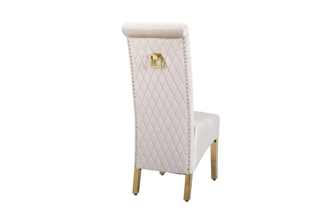 Lucy Gold Ring Knocker Quilted Emma Slim Cream Gold Velvet Dining Chair Gold Legs - Belmont Interiors