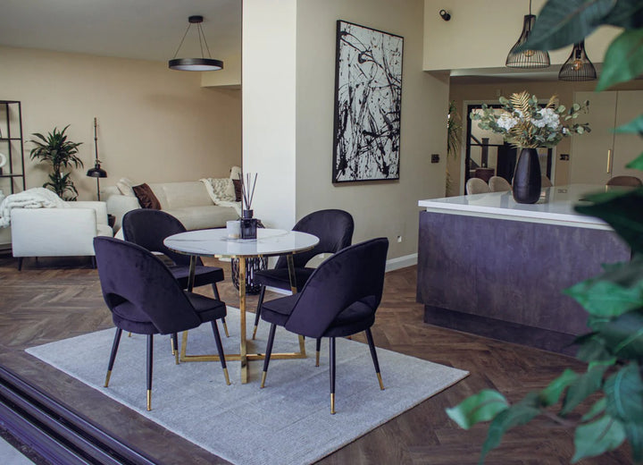 Juno 90cm Round Gold Dining Table with Polar White Sintered Stone Top + Astra Velvet Dining Chairs