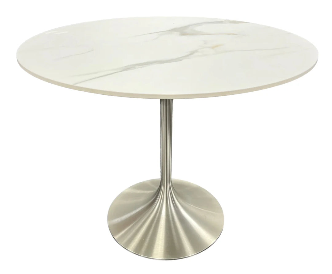 Bentley 90cm Gold/Grey Ceramic Marble Round Dining Table With Black Base + Roco 360º Grey Velvet Dining Chairs - Belmont Interiors