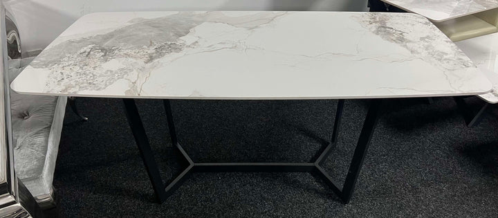 Lucien Dining Table with White/Grey Ceramic Top and Black Legs