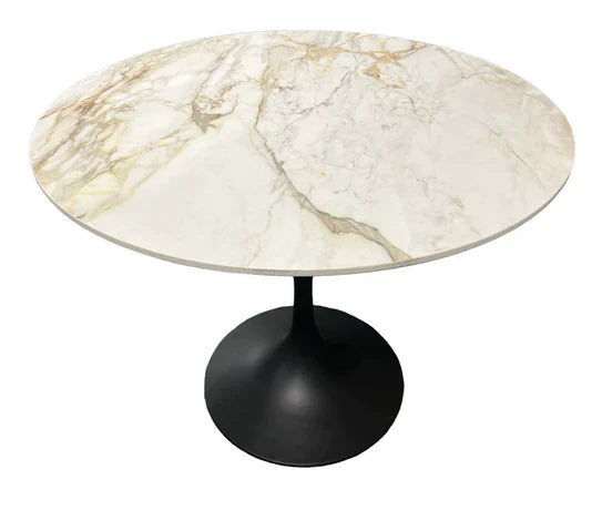 Bentley 90cm Gold/Grey Ceramic Marble Round Dining Table With Black Base + Roco 360º Grey Velvet Dining Chairs - Belmont Interiors