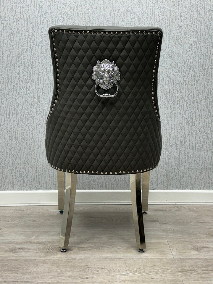 Majestic Lion Knocker Quilted PU Grey Leather Dining Chair Chrome Legs - Belmont Interiors