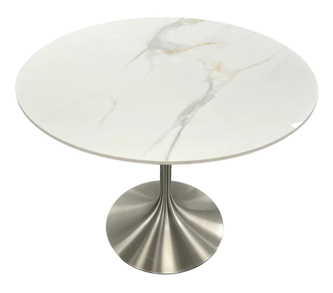 Bentley 90cm Gold/Grey Ceramic Marble Round Dining Table With Black Base + Roco 360º Grey Velvet Dining Chairs - Belmont Interiors