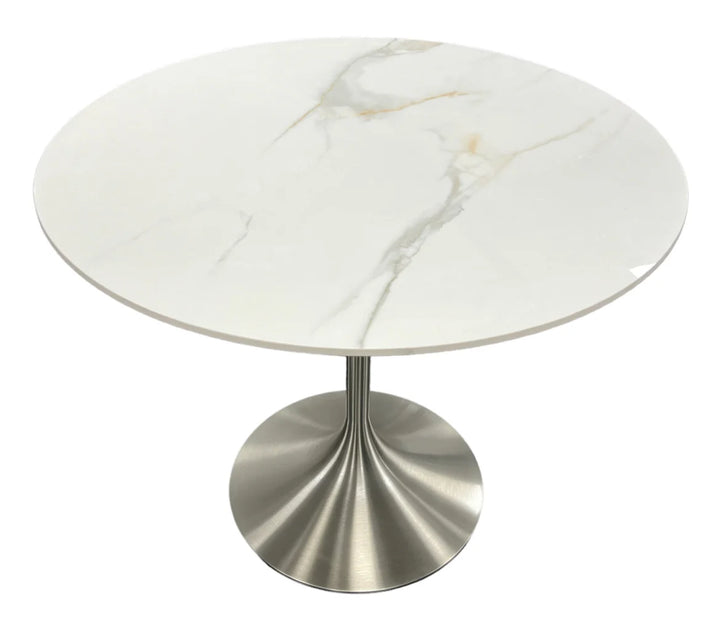 Bentley 90cm Gold/Grey Ceramic Marble Round Dining Table With Black Base + Roco 360º Grey Velvet Dining Chairs - Belmont Interiors