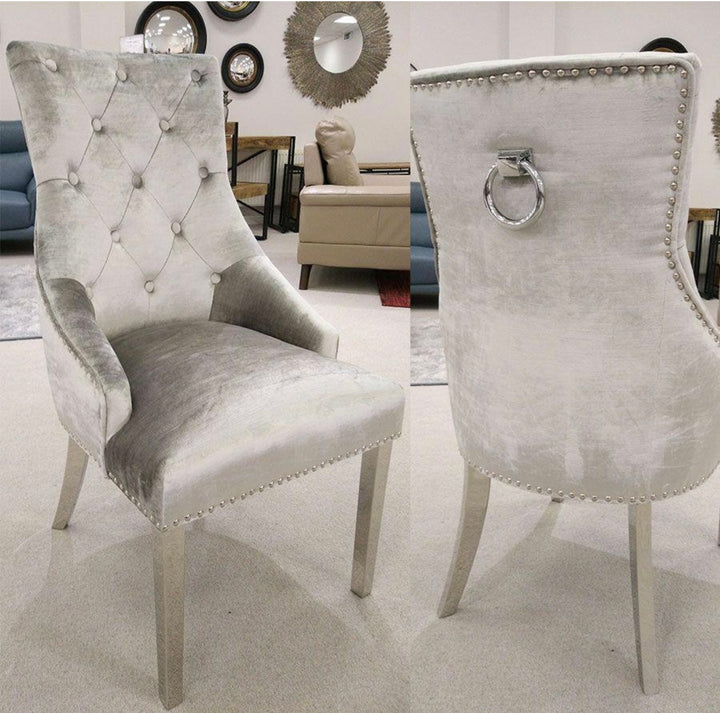 Belvedere Silver Velvet Dining Chair with Chrome Legs & Ring Knocker Back