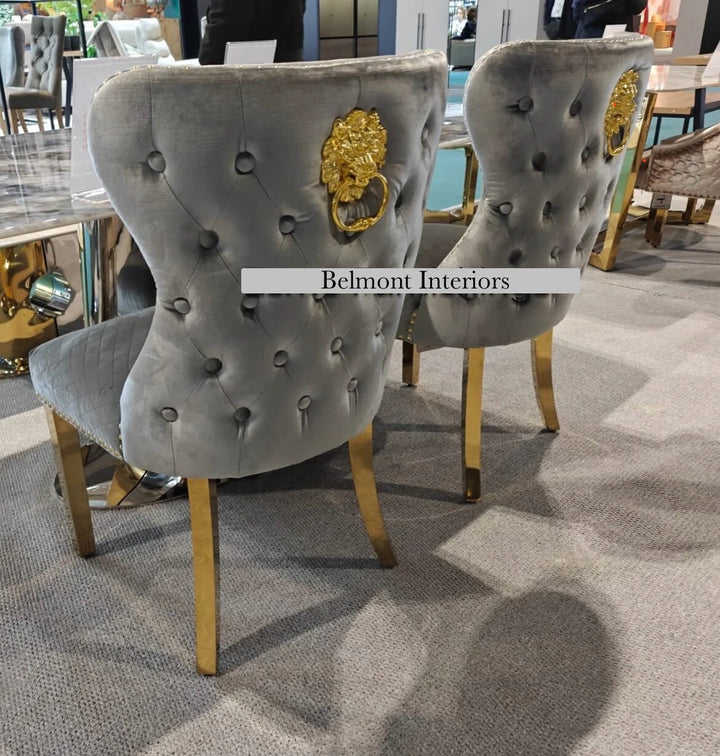Valente Champagne Grey Gold Velvet Fabric Button Back Lion Knocker Quilted Dining Chair