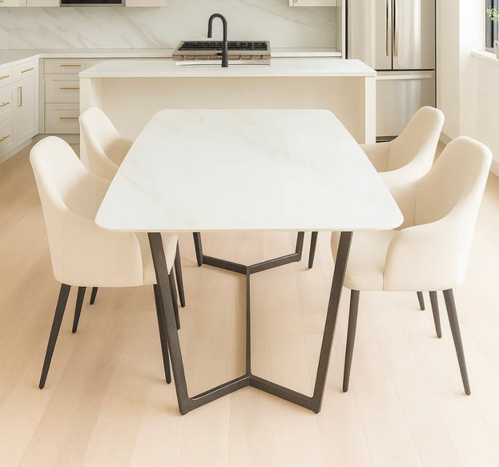 Lucien Dining Table with White/Grey Ceramic Top and Black Legs