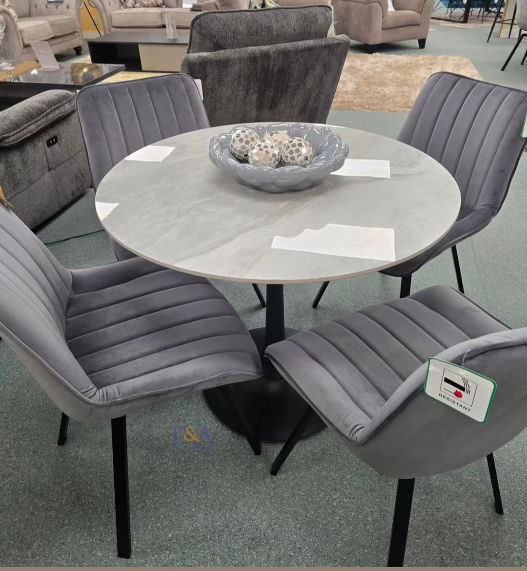 Bentley 90cm Gold/Grey Ceramic Marble Round Dining Table With Black Base + Roco 360º Grey Velvet Dining Chairs