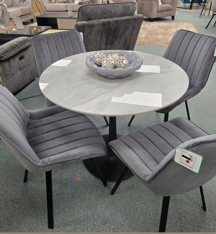 Bentley 90cm Gold/Grey Ceramic Marble Round Dining Table With Black Base + Roco 360º Grey Velvet Dining Chairs