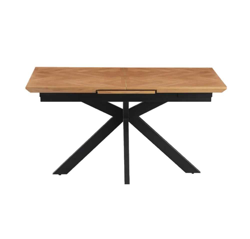 Chevron Parquet Oak Extending Dining Table with Black Powder-Coated Metal Legs - Belmont Interiors